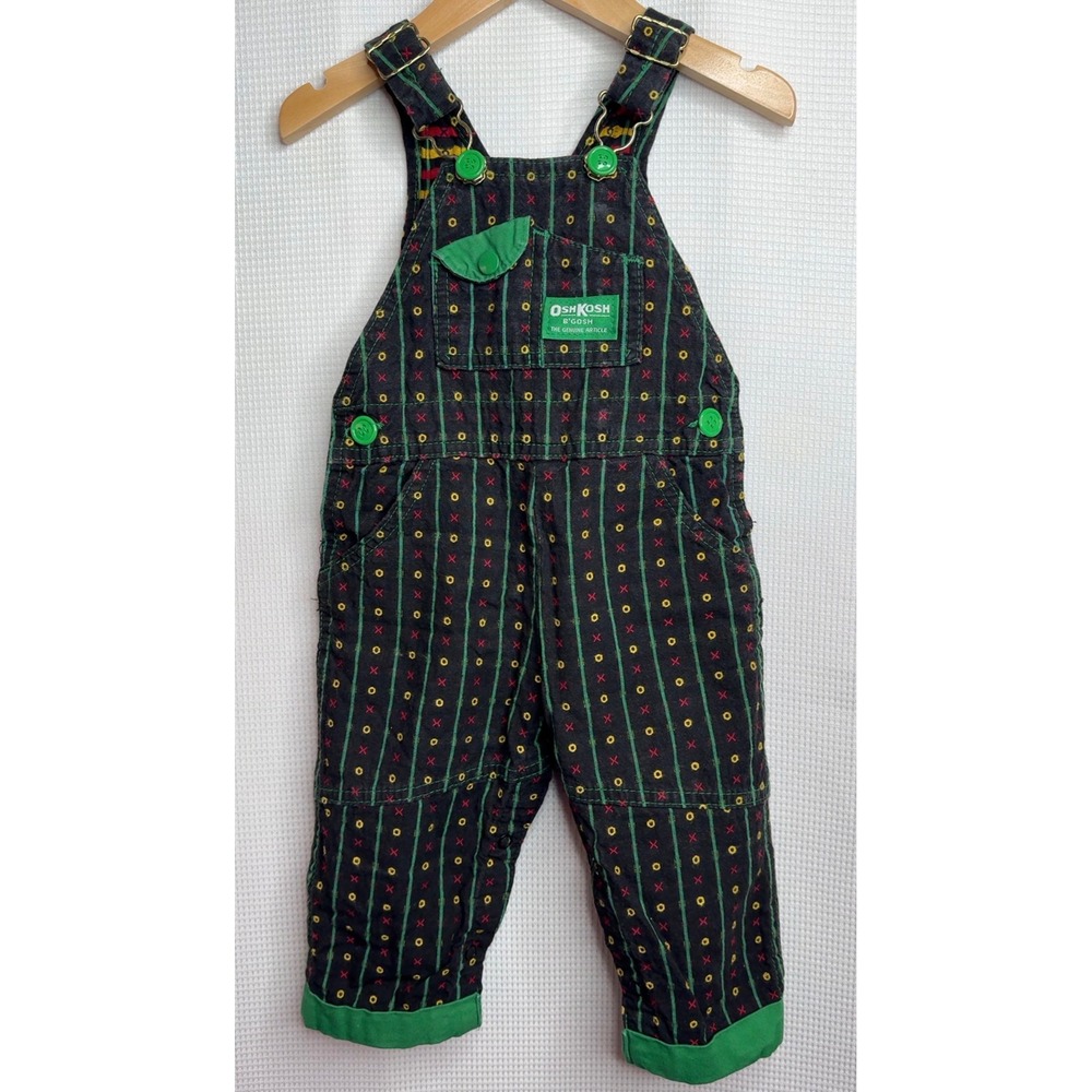 Vintage OshKosh B'gosh Overalls Size 12M USA Made Plaid Aztec Black Green XO